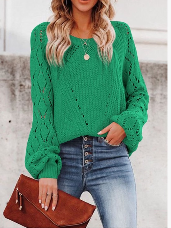 Sweaters - Green Openwork Balloon Sleeve Sweater